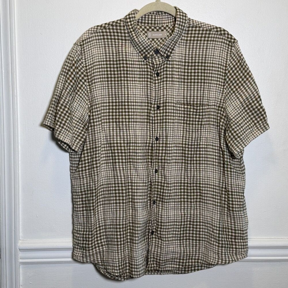 Everlane Men’s XL 100% Linen Short Sleeve Button Front Shirt Green Check Plaid